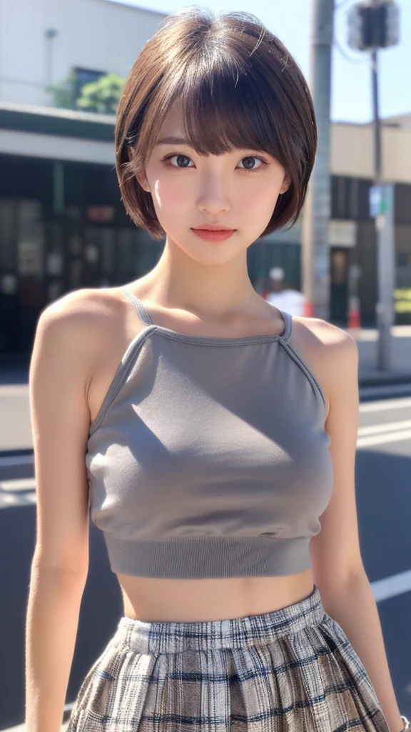 ((perfect anatomy:1.5,realistic:1.3,RAW photo:1.3,masterpiece、highest quality、Ultra - High resolution、High resolution、Detailed CG、8K)),cowboy shot,1 female,alone,dancer,18-year-old、high school girl beautiful girl,Japanese,((beautiful detailed face and eyes:1.2,big and gorgeous eyes:1.2,gray eyes)),dark brown hair,short bob hair,bangs,medium breasts,slender body,small head:1.3,skinny,(oily skin,glowing skin,shiny skin、Sweat),、plaid pleated mini skirt,on the road,Harajuku、Tokyo、