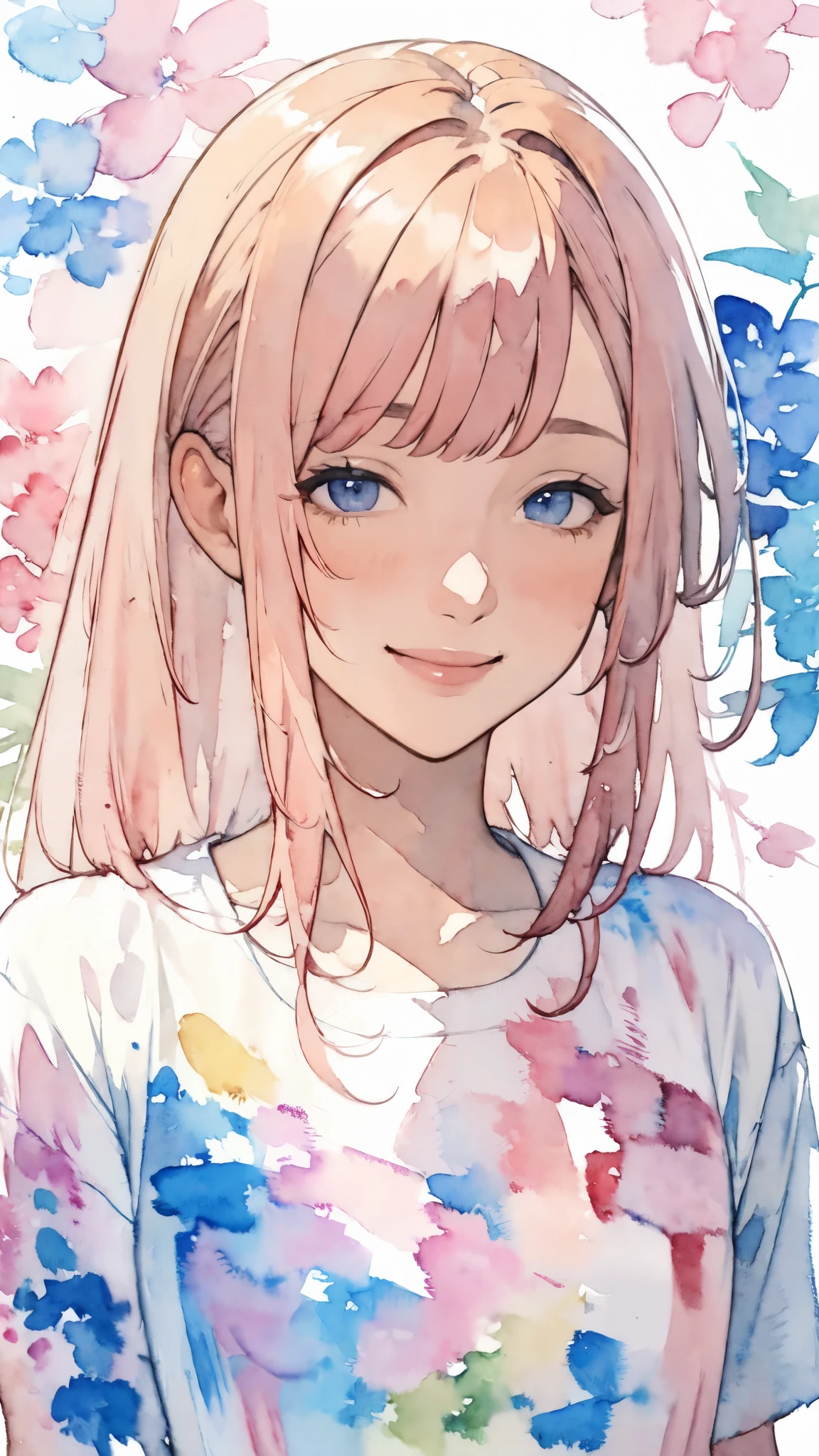 (masterpiece),(Highest quality:1.2),(Very detailed:1.2),(High resolution),(((Watercolor))),8K,Portrait of a woman smiling gently,Long, beautiful hair,Transparent watercolor,Summer image