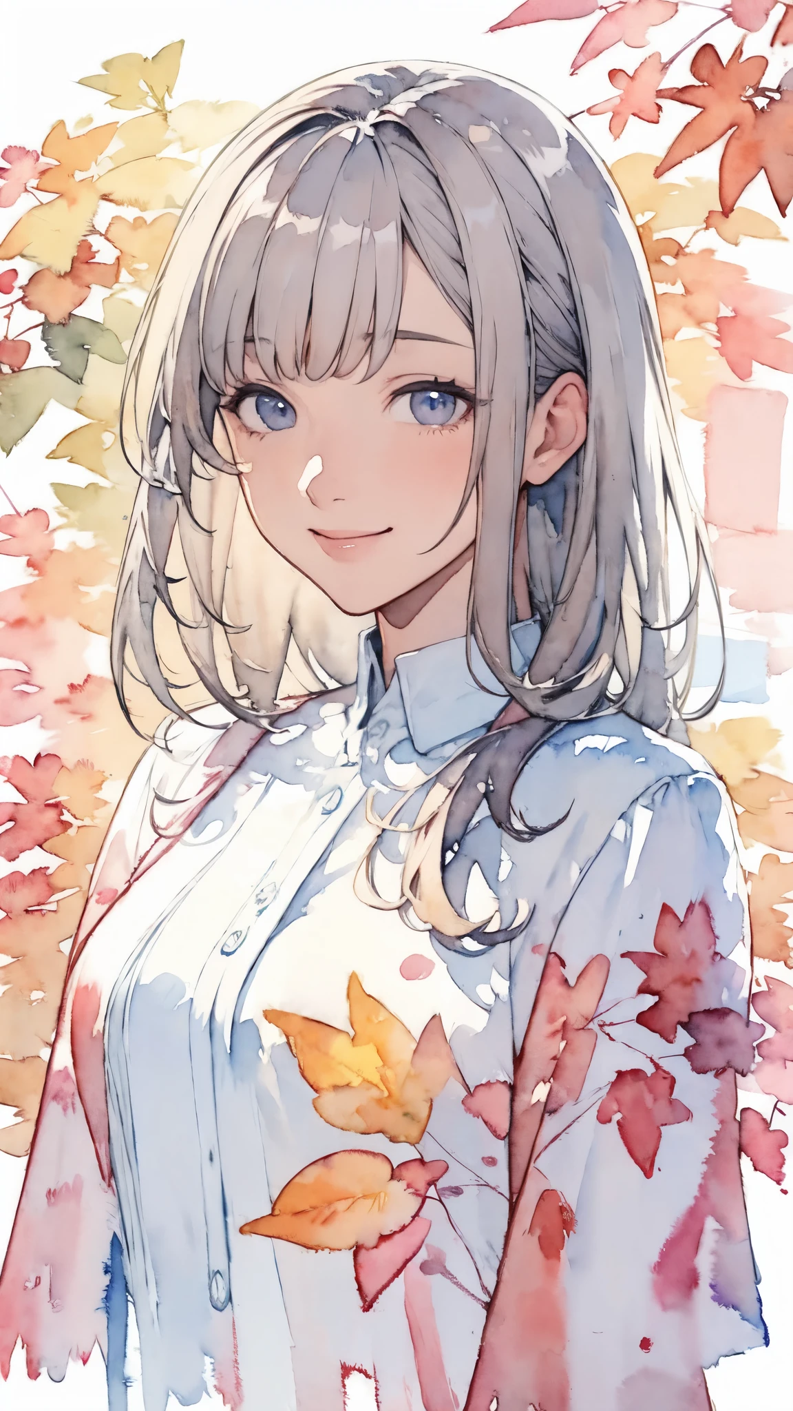 (masterpiece),(Highest quality:1.2),(Very detailed:1.2),(High resolution),(((Watercolor))),8K,Portrait of a woman smiling gently,Long, beautiful hair,Transparent watercolor,Autumn image