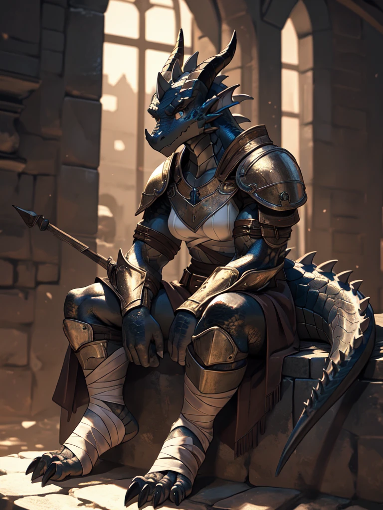 solo, kemono, (dragon), anthro, female, ((black body)), scales, tail, muscles, medium breasts, handsome, armor, medieval, sitting, toe claws, bandaged feet, depth of field, perfect lighting,(best quality),(masterpiece),(ultra detailed)