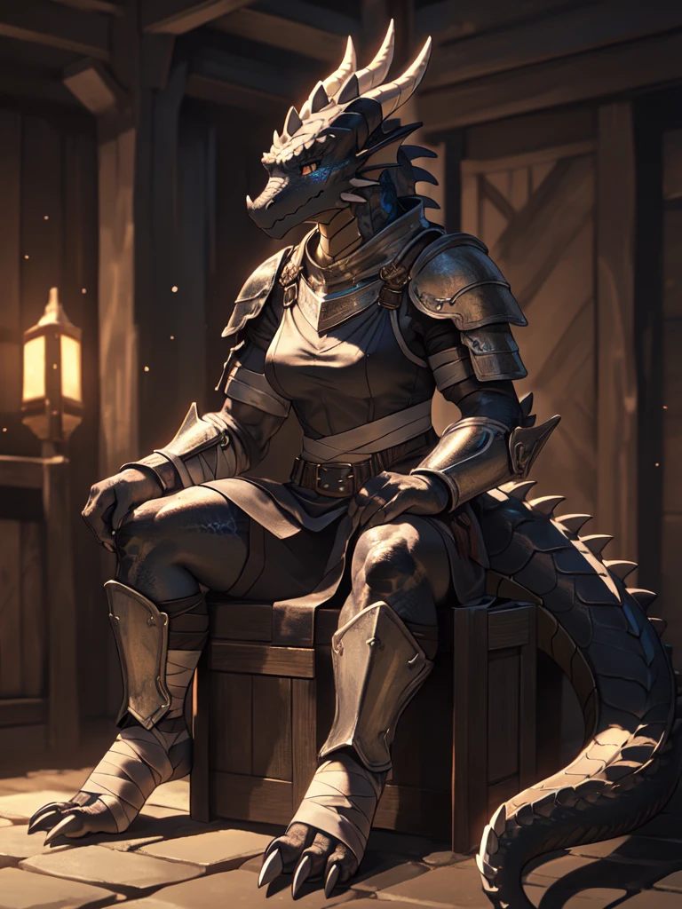 solo, kemono, (dragon), anthro, female, ((black body)), scales, tail, muscles, medium breasts, handsome, armor, medieval, sitting, toe claws, bandaged feet, depth of field, perfect lighting,(best quality),(masterpiece),(ultra detailed)