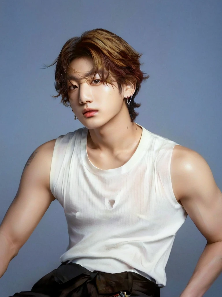 a close-up of a person wearing a white shirt and a brown sash, jungkook, cai xukun, hyung tae, glossy from rain, xqc, Tae June Kim, bts, Jinyoung Shin, Jeon jungkook, hyung tae kim, thanjun chengt, south korean man, lindo chad thanixo, than, Shin Jeongho, toru furuya, Hsiao-ron, jeon Jungkook from bts
