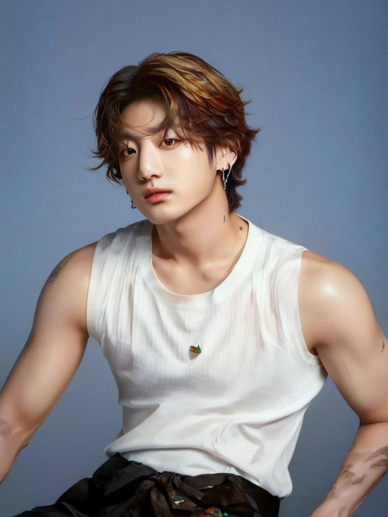 a close-up of a person wearing a white shirt and a brown sash, jungkook, cai xukun, hyung tae, glossy from rain, xqc, Tae June Kim, bts,  Jinyoung Shin, Jeon jungkook, hyung tae kim, thanjun chengt, south korean man, lindo chad thanixo, than, Shin Jeongho, toru furuya, Hsiao-ron, jeon Jungkook from bts