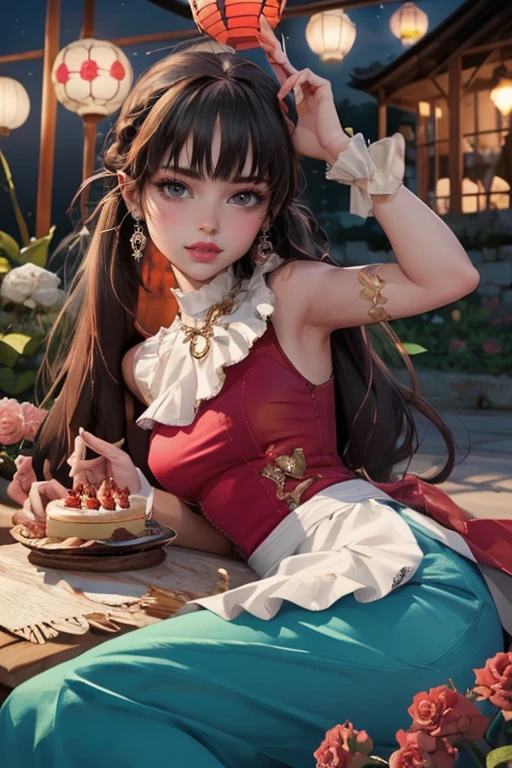 1 girl, a girl with bat wings, holding a pastry brush, succubus, bakery, a cake on focus, cake with strawberrys and red roses, bat choker, necklace, centered, bat jewelry, medieval castle scenery, Pink bat Jewelry, smile, vampire fangs, (looking at viewer), Draculaura_MH, wavy hair, solo, white roses, ornament hair, pink roses on her hair, bat ears on the top of the head, a vampire girl, holding a red rose, perfectly body, perfectly hands, pink hair, flowing hair, short hair, laying down on a grass, chinese garden style, oriental garden, a lake with white carpas on the background, gold lantern, pink dress, chinese pink dress, a dress with layers, short skirt, more details on her clothes, golden details, night, smiling, pink dress, garden scene, cowboy shot, luxury, gold details on her clothes, 1girl, dress, jewelry, maid clothes, maid, maid dress, maid apron, maid headdress, white apron, solo, pink dress, gold lantern, Chinese style, Chinese lanterns, Chinese maid dress, red gloves, white socks, white laces, red shoes, gold details on her clothes, cat ears, animal ears, garden, flowers, temple, lantern rite, more details, best quality