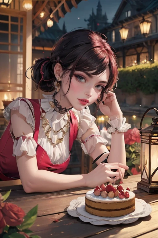 1 girl, a girl with bat wings, holding a pastry brush, succubus, bakery, a cake on focus, cake with strawberrys and red roses, bat choker, necklace, centered, bat jewelry, medieval castle scenery, Pink bat Jewelry, smile, vampire fangs, (looking at viewer), Draculaura_MH, wavy hair, solo, white roses, ornament hair, pink roses on her hair, bat ears on the top of the head, a vampire girl, holding a red rose, perfectly body, perfectly hands, pink hair, flowing hair, short hair, laying down on a grass, chinese garden style, oriental garden, a lake with white carpas on the background, gold lantern, pink dress, chinese pink dress, a dress with layers, short skirt, more details on her clothes, golden details, night, smiling, pink dress, garden scene, cowboy shot, luxury, gold details on her clothes, 1girl, dress, jewelry, maid clothes, maid, maid dress, maid apron, maid headdress, white apron, solo, pink dress, gold lantern, Chinese style, Chinese lanterns, Chinese maid dress, red gloves, white socks, white laces, red shoes, gold details on her clothes, cat ears, animal ears, garden, flowers, temple, lantern rite, more details, best quality