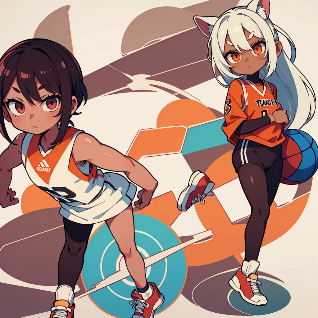 Stand in front of the photo、1girl in, (((dark skin))), Full body, long wild white hair pulled back, sneakers, look of concentration, kawaii pose, sporty, basketball, Wearing colored tights, up of face、Eye Up、Colorcon with heart pattern, basketball clothing, posing with basketball、