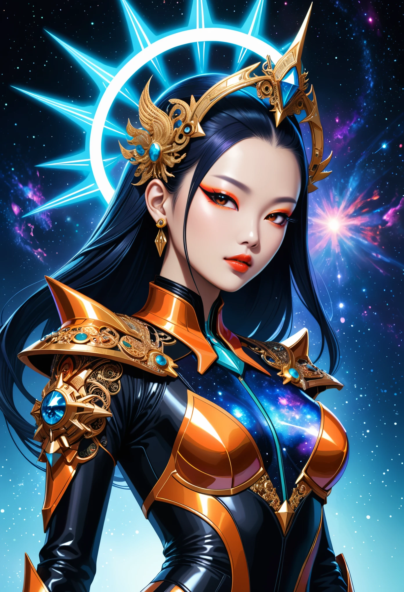 in style of Thierry Mugler,character concept design, half body,Asian Girls,Cyberpunk style,galaxy,Fractal,Halo,Fantasy art,(insanely detailed and intricate, Hypermaximalist, elegant, ornate, hyper realistic, super detailed:1.1)