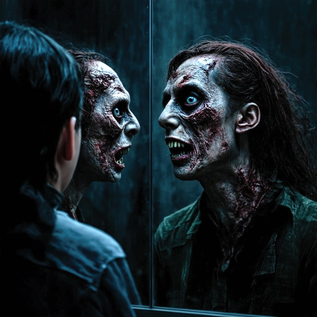 A person looking at themselves in a mirror, mirrored reflection slowly turning into a zombie, detailed face with sunken eyes, decaying skin, sharp teeth, ominous atmosphere, dramatic lighting, cinematic composition, horror, dark fantasy, moody colors, dramatic shadows