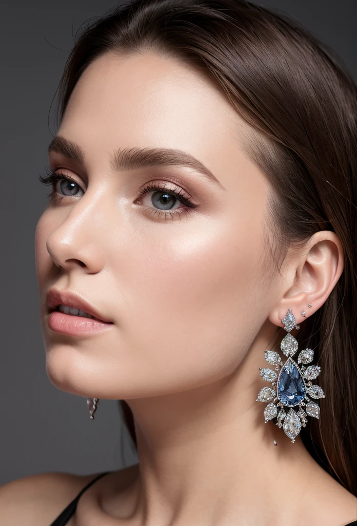(masterpiece, best quality), intricate details, realistic, photorealistic, a close up of a woman wearing earrings, inspired by Emma Andijewska, draped in crystals, silver color, long earrings, sandra chevier, huge earrings, 2019, blue-eyed, platinum jewellery, earring, flawless structure, silver earring,  
