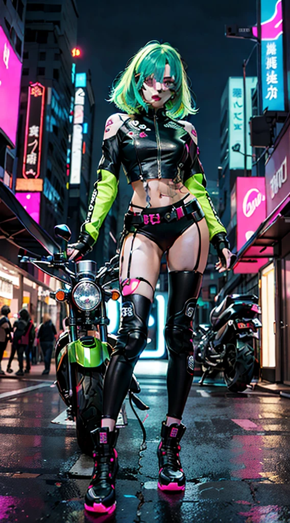 masutepiece, Best Quality, Confident cyberpunk girl, hair green, eyes green, Full body shot, ((Stand in front of the motorcycle)), Pop costumes inspired by Harajuku, Bold colors and patterns, Eye-catching accessories, Trendy and innovative hairstyles, Bright makeup, Cyberpunk dazzling cityscape, Skyscrapers, neon signs, led lights, Bright and vivid color scheme, Anime, Illustration, Detailed skin texture, Detailed Cloth Texture, beautifull detailed face, Intricate details, ultra-detailliert.