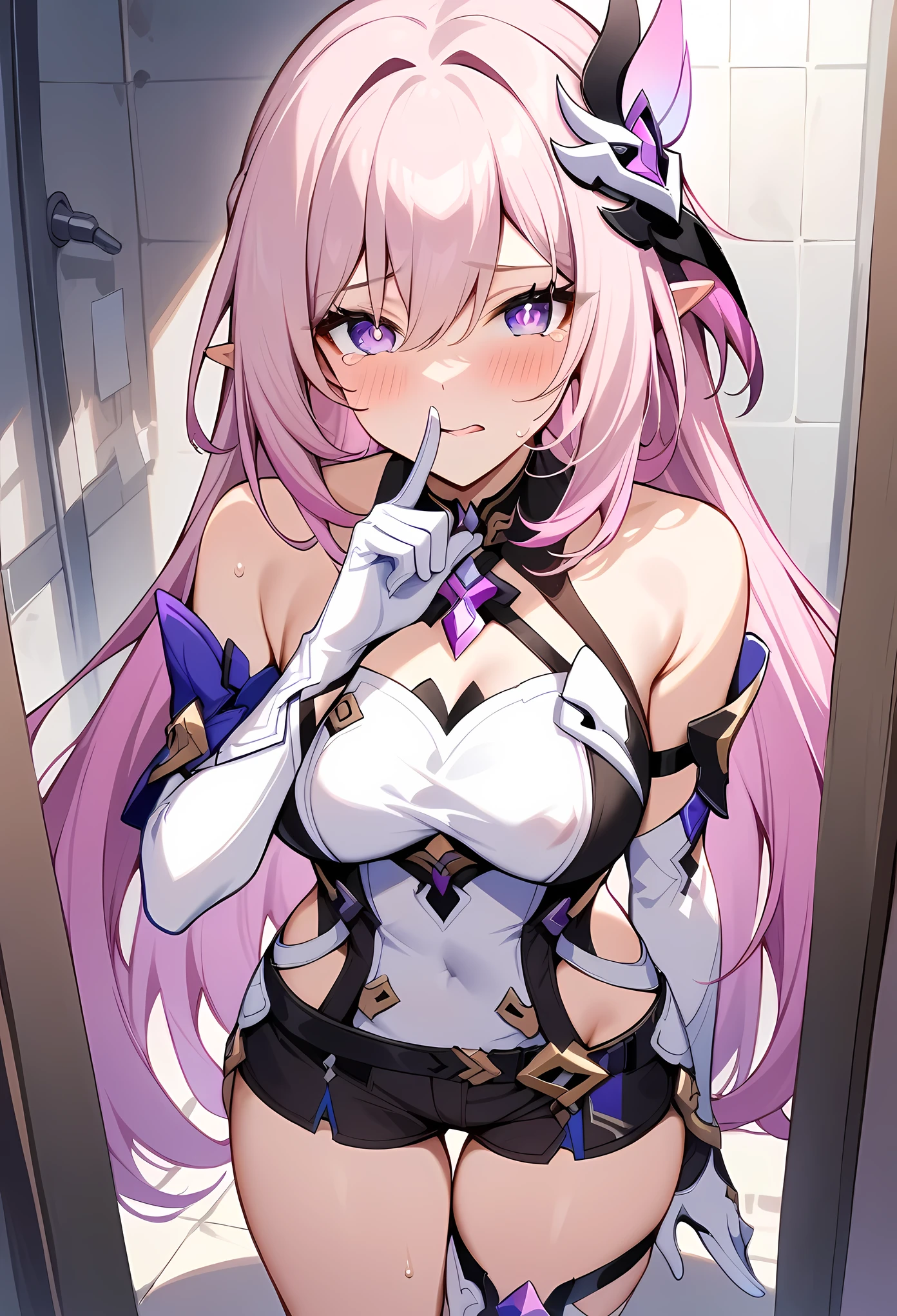 masterpiece, best quality, very aesthetic, absurdres, newest,1girl, (covered_nipples), (close-up of face), shushing, silence gesture,finger_to_mouth,blush,tears in eyes,embarrassed,,,elysia_(honkai_impact), honkai_(series), honkai_impact_3rd, elysia_(herrscher_of_human:ego)_(honkai_impact), 1girl, bare_shoulders, black_shorts, boots, breasts, elbow_gloves, elf, gloves, hair_between_eyes, hair_ornament, high_heel_boots, high_heels,multicolored_hair, pink_hair, pink_pupils, pointy_ears, purple_eyes, shirt, shorts,thighs, two-tone_hair, white_footwear, white_gloves, white_shirt,,in bathroom