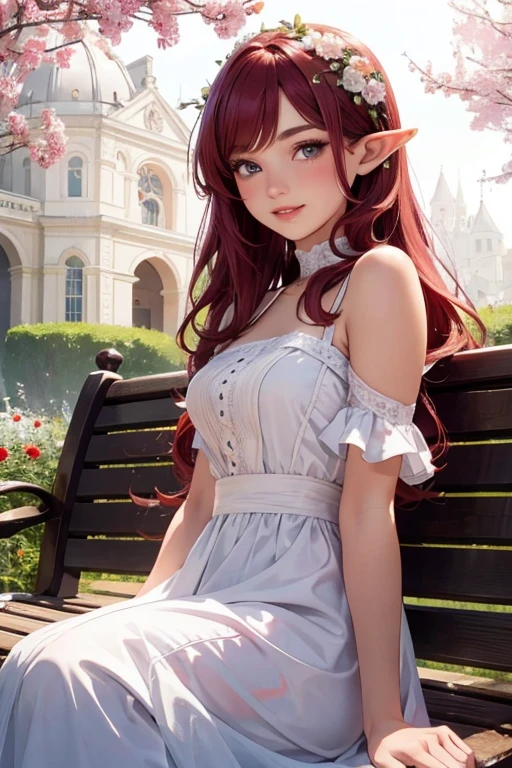 Little Elf Lola, curved, beautiful smile, Long red hair, loose, shiny and silky, ((full body)), sitting on a bench woven with flowers, with your back to the camera, (best quality, 4K, 8k, high resolution, masterpiece: 1.2), ultra-detailed (realistic, photorealistic: 1.37), beautiful detailed eyes, beautiful detailed lips, extremely detailed eyes, extremely detailed eyes and face, long eyelashes, toony style, playful expression, curved silhouette, looking over the shoulder, pink and white color palette, soft lighting