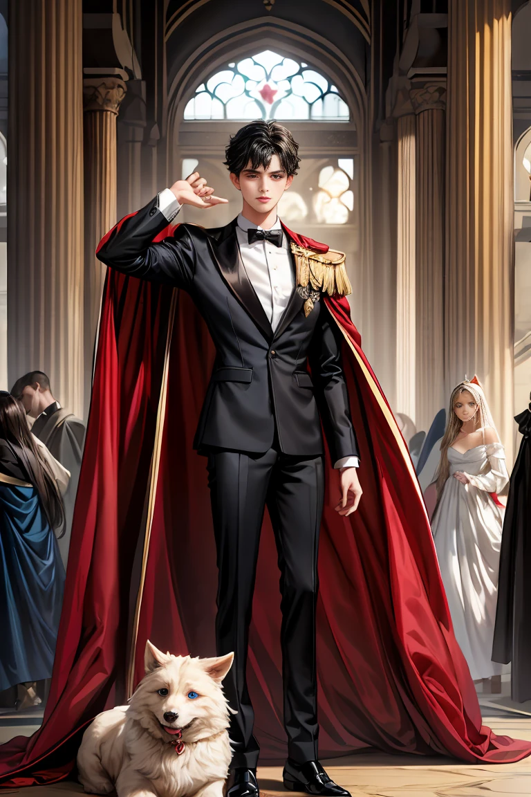 
masterpiece, 最high quality, high quality, 1 boy, alone, Male focus, Watching the audience,  Messy black hair, Adorable big blue eyes, White people, Noble, Noble,Sexy voluminous black and red cape、Tuxedo、A very voluminous, large, very large, very large, long, long red and black cape with a high stand-up collar, reaching down to the floor, made of a lot of fabric., 17 years old,Cute beautiful boys,Cute, cute, kind, handsome guy