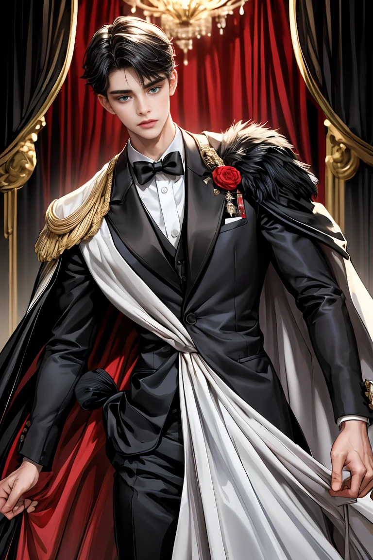 masterpiece, 最high quality, high quality, 1 boy, alone, Male focus, Watching the audience, Messy black hair, Adorable big blue eyes, White people, Noble, Noble,Sexy voluminous black and red cape、Tuxedo、A very voluminous, large, very large, very large, long, long red and black cape with a high stand-up collar, reaching down to the floor, made of a lot of fabric., 17 years old,Cute beautiful boys,Cute, cute, kind, handsome guy