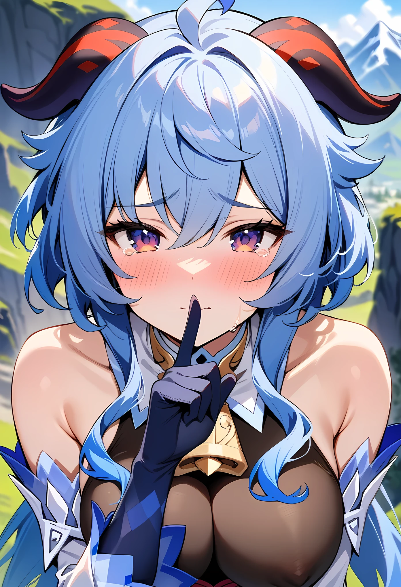 masterpiece, best quality, very aesthetic, absurdres, newest,1girl, (covered_nipples), (close-up of face), shushing, silence gesture,finger_to_mouth,blush,tears in eyes,embarrassed,,,ganyu,ganyu(genshin impact), horns, black body-stockings,white clothes, short blue hair, breasts , black eyes,,in the mountain
