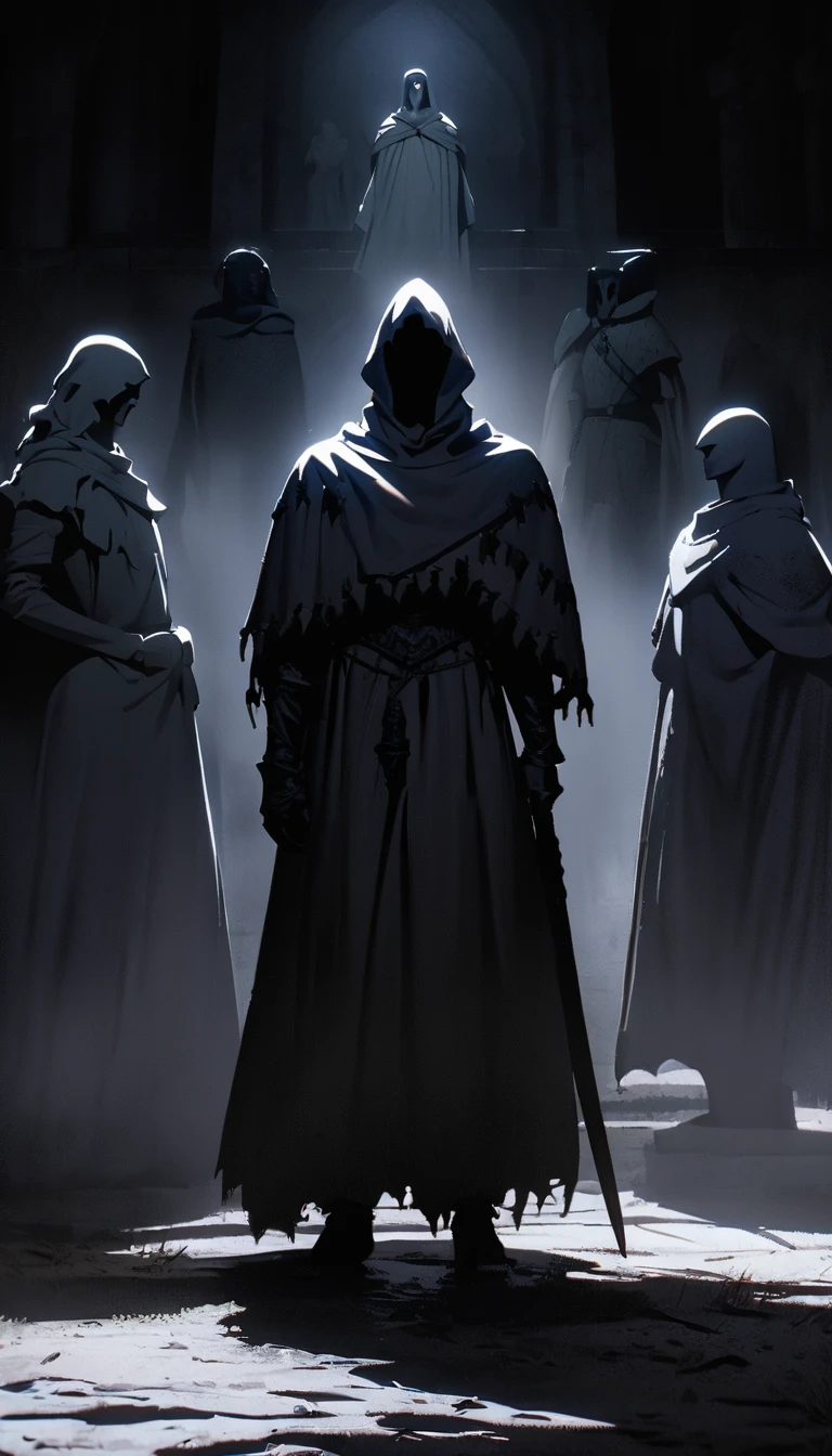 a group of white masked black hooded cultists, dark scene, dark mood, horror, darkness, terror