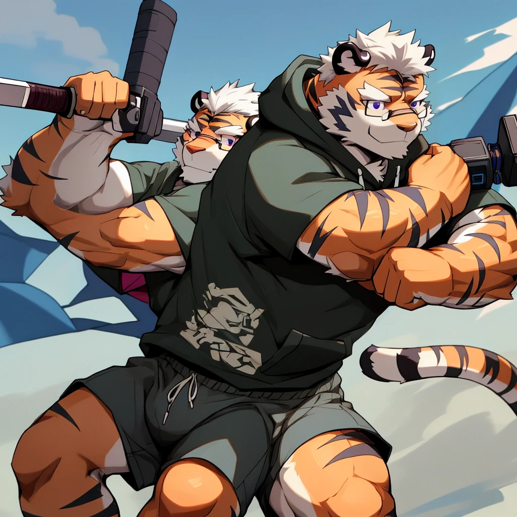 New Jersey 5 Hairy, masterpiece, high quality, anime, detailed eyes, male kosutora, anthro, tiger, Great physique, strong arms manly, (((orange tiger))), (((white hair))), goatee, white eyebrows, detailed purple eyes, tall, Joyful, smile. (blue short hoodie), (((shorts cargo))), sport shoes, by zixiong, katana sword, glasses, action pose, taser gun,