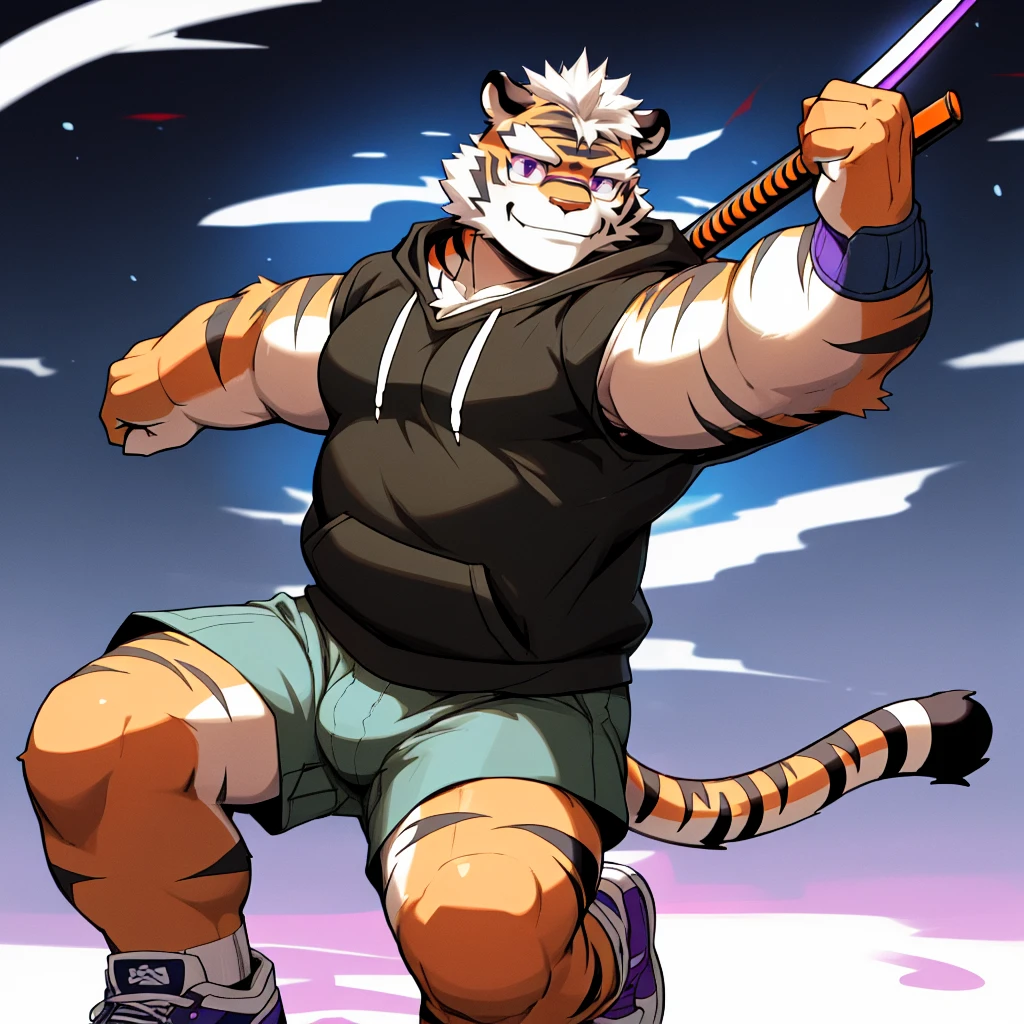 New Jersey 5 Hairy, masterpiece, high quality, anime, detailed eyes, male kosutora, anthro, tiger, Great physique, strong arms manly, (((orange tiger))), (((white hair))), goatee, white eyebrows, detailed purple eyes, tall, Joyful, smile. (blue short hoodie), (((shorts cargo))), sport shoes, by zixiong, katana sword, glasses, action pose, taser gun,