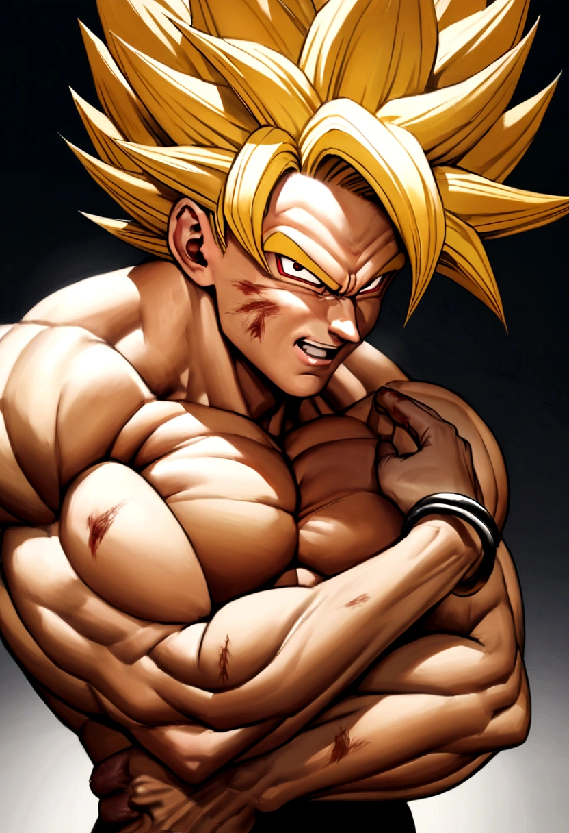 dragon ball goku, Full body portrait, Penis grown, naked, The whole body from head to toe, A little realistic, Facial features are carefully depicted, The origin of the dark style field, rendering, Highest quality, 8k Sharp eye focus, Correct Anatomy, Blondeの, With red eyes, Battle Damage, Blonde, Focus on men, Muscular, Muscular male, Proudly, heart, alone, Spiky Hair, Super Saiyan, Super Saiyan 1, teeth, bracelet, Blonde, Blonde