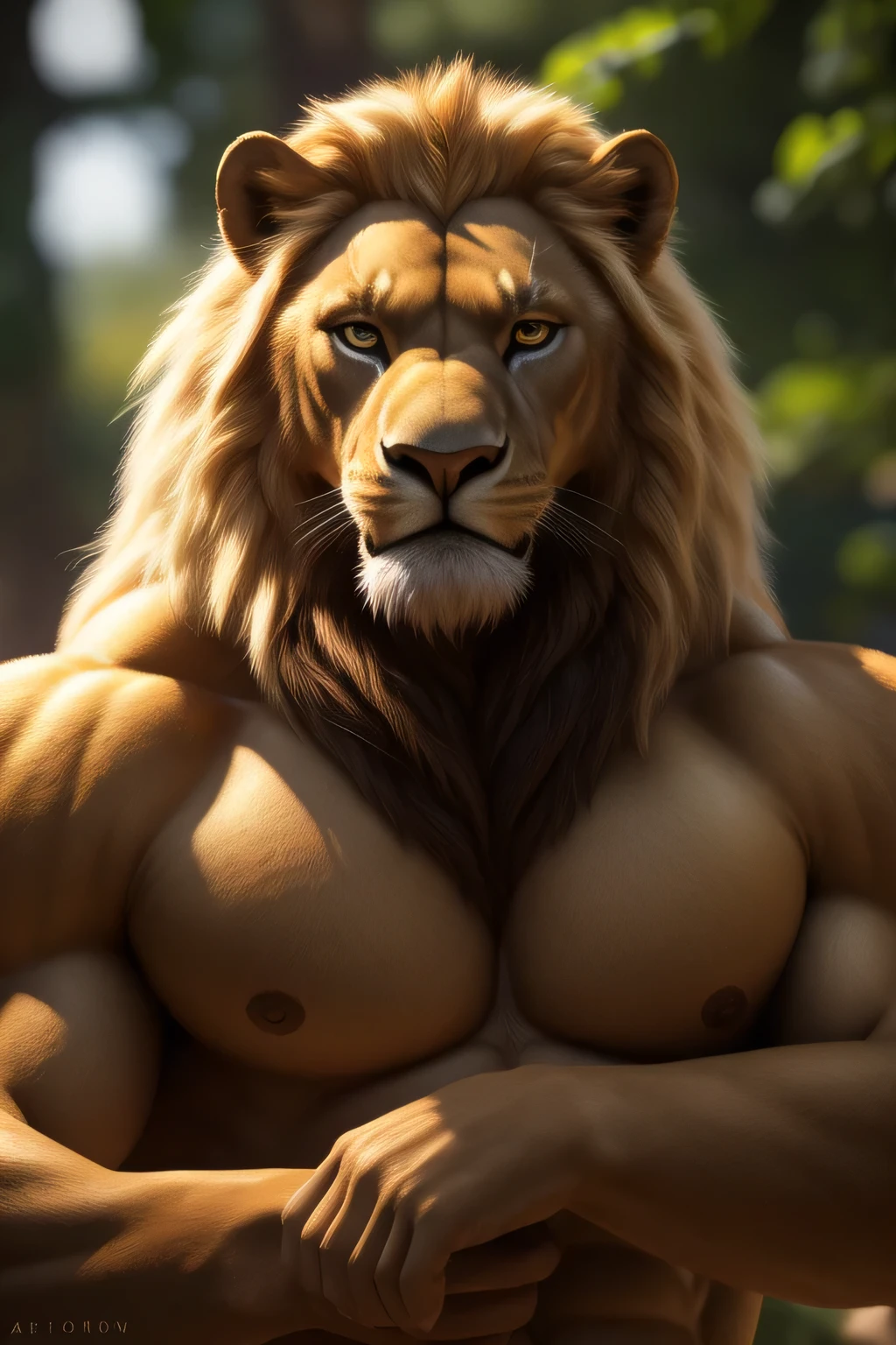 a male lion with a long flowing blonde mane, long fur, werelion, very detailed eyes, muscular, arm very muscular, pecs very muscular, in tight jockstrap, in a zen garden, face portrait (best quality,8k,highres,masterpiece:1.2),ultra-detailed,(realistic,photorealistic,photo-realistic:1.37),HDR,UHD,studio lighting,ultra-fine painting,sharp focus,physically-based rendering,extreme detail description,professional,vivid colors,bokeh,cinematic, extremely detailed eyes and face, correct anatomy, correct paws