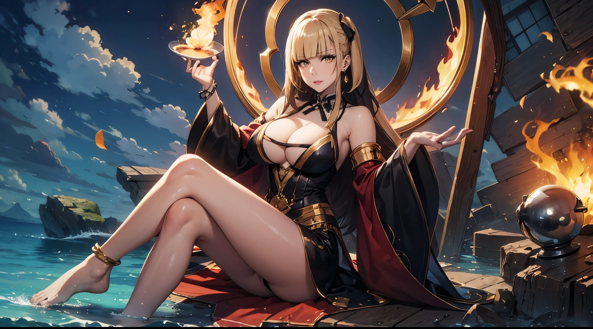 rose, blonde hair, drill hair, long hair, huge breasts, yellow eyes, fire, jewelry, 1girl, breasts, sitting, barefoot, cleavage, mole, anklet, large_breasts, bracelet, very_long_hair, smile, water, bare_shoulders, looking_at_viewer, detached_sleeves, sky, wide_sleeves, dress, cloud, feet, makeup, crossed_legs, ribbon, earrings, lips, burning, solo, black_dress, mole_under_mouth, outdoors, flame, blue_eyes, magic, thighs, hair_ribbon, mole_on_breast, legs, red_ribbon, full_body, bare_legs