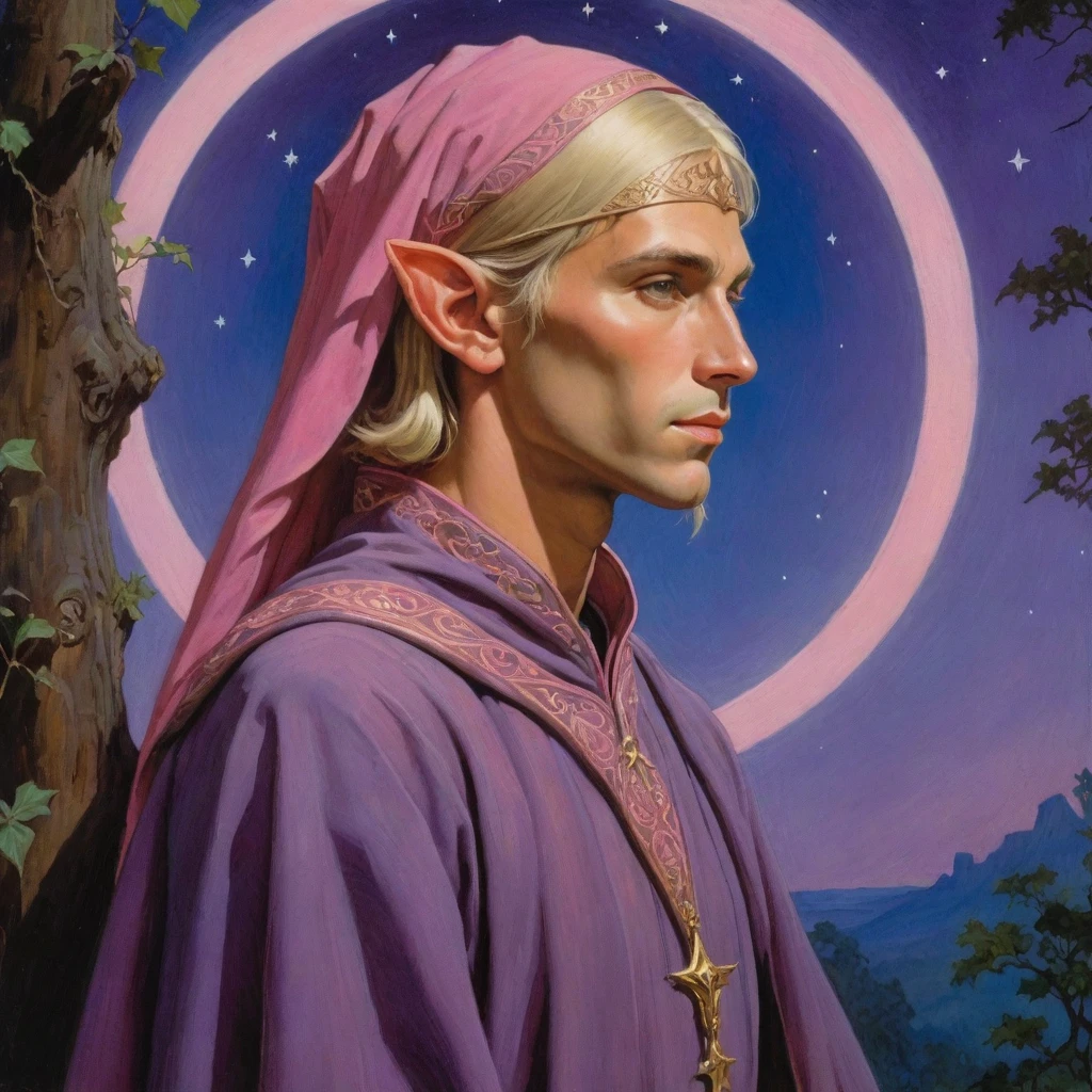 Masterpiece, (realistic), (propaganda poster), ((Moebius Jean Giraud)), ((((haughty upright profile portrait of a veiled male teenage wood elf, blonde, young, priest, sensual, imposing, dignified, proud, arrogant, wearing silk, purple and pink robes with detailed crescent moon, star elements, holding a lyre)))), ((Corinthian columns, jungle, dusk background, moths))