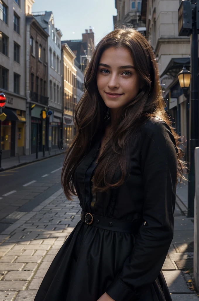 21 years old female, intricate detail, masterpiece, best quality, extremly detailed,cinematic lighting, beautiful detailed glow, finely detailed beautiful face and eyes, 8k, dark intense shadows, yellow eyes, long hair, brown hair, floating hair, smiling, in the street, in a black dress, during the day, smooth light, city.