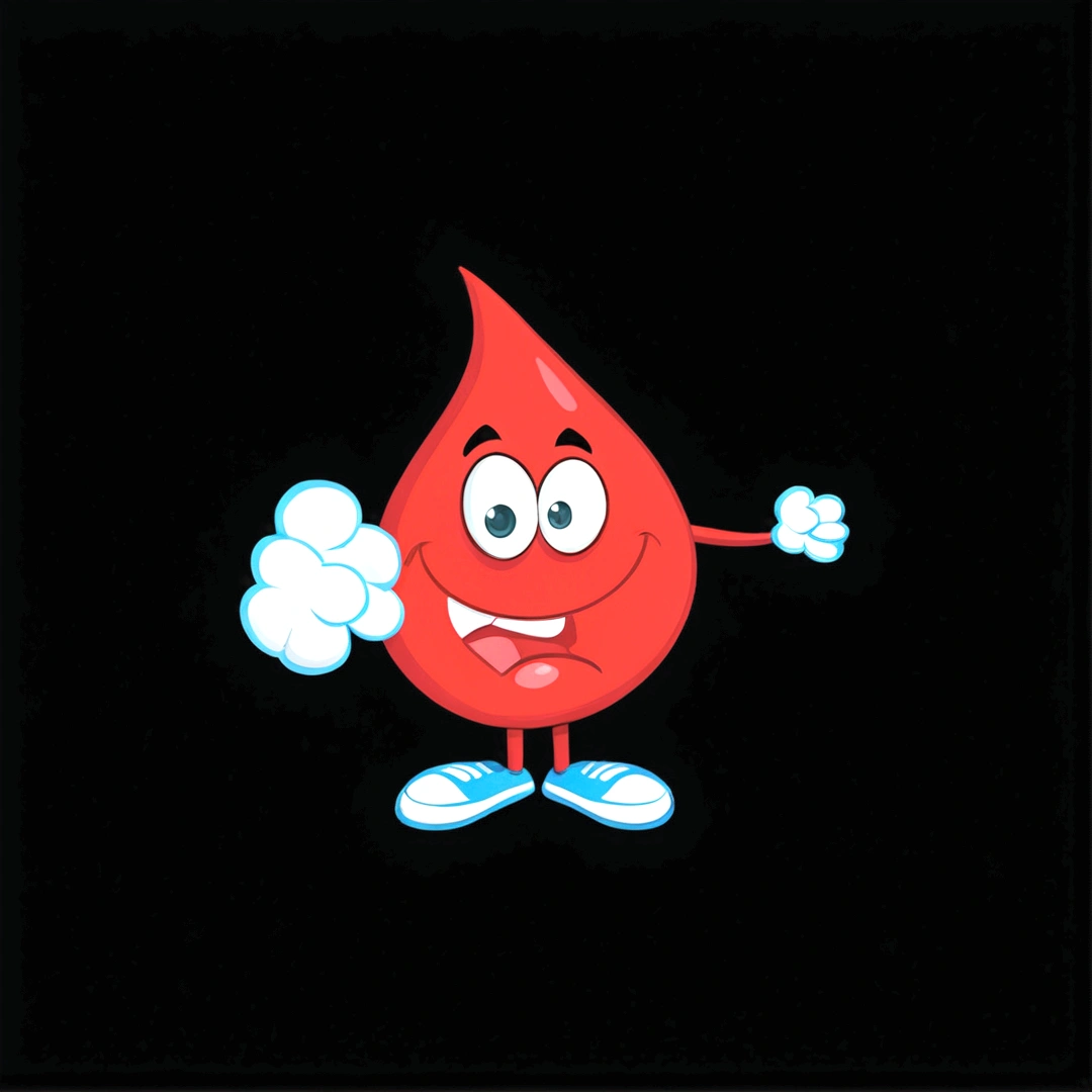 Blood mascot sitting on the edge of a bed, with large, expressive eyes and furrowed brow, conveying deep thought and worry. Its body language should be slumped, with shoulders hunched forward. The background should depict a simple bedroom setting.