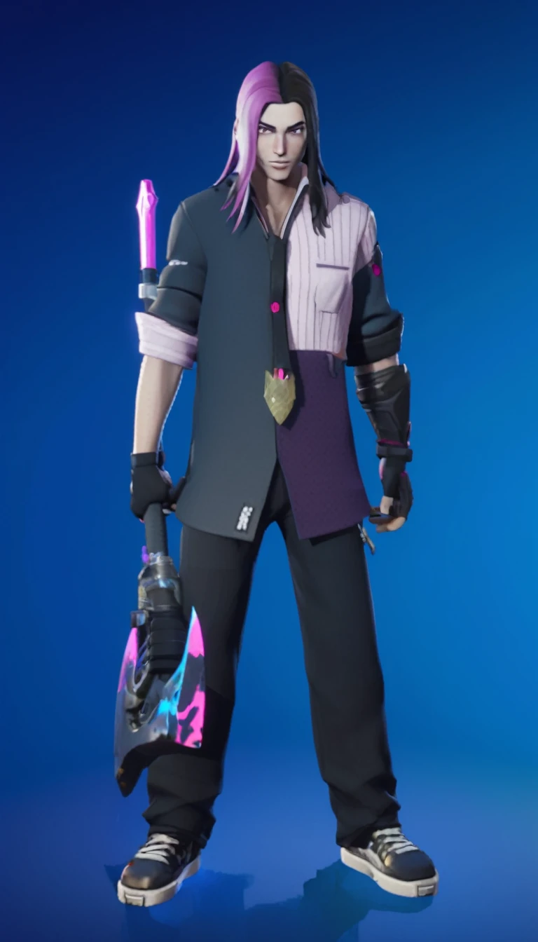 arafed male in a purple shirt and black pants holding a pink sword, tane skin, lunar themed attire, single character full body, fuchsia skin, mechanic punk outfit, fortnite character, full body shot hyperdetailed, sharp silver armor fuchsia skin, full body single character, as a fortnite character, detailed full body concept, fuschia skin, new character