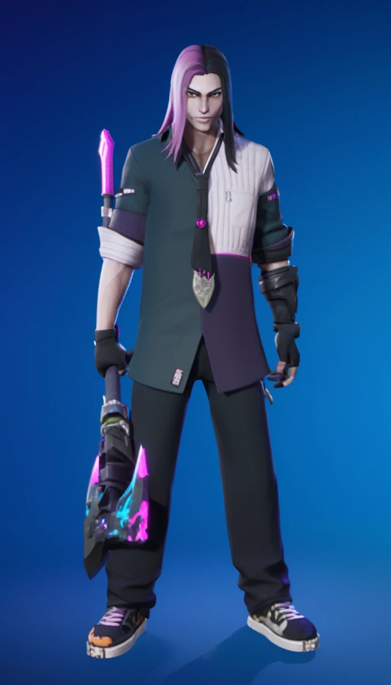 arafed male in a purple shirt and black pants holding a pink sword, tane skin, lunar themed attire, single character full body, fuchsia skin, mechanic punk outfit, fortnite character, full body shot hyperdetailed, sharp silver armor fuchsia skin, full body single character, as a fortnite character, detailed full body concept, fuschia skin, new character