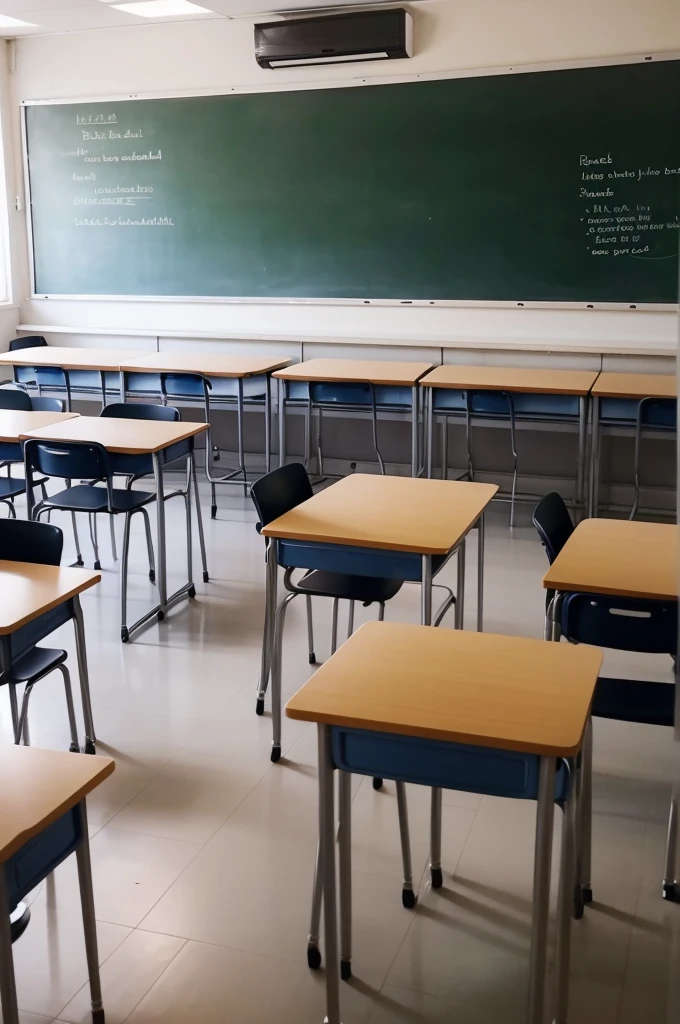 a photo of a classroom, very simple, the walls have posters, These are public school chairs and tables, There are about 20 students, browns and blacks, boys and girls aged approximately 15 to 16, I am doing a written activity that is probably cartoons