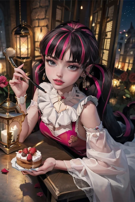 1 girl, a girl with bat wings, holding a pastry brush, succubus, bakery, a cake on focus, cake with strawberrys and red roses, bat choker, necklace, centered, bat jewelry, medieval castle scenery, Pink bat Jewelry, smile, vampire fangs, (looking at viewer), Draculaura_MH, wavy hair, solo, white roses, ornament hair, pink roses on her hair, bat ears on the top of the head, a vampire girl, holding a red rose, perfectly body, perfectly hands, pink hair, flowing hair, short hair, laying down on a grass, chinese garden style, oriental garden, a lake with white carpas on the background, gold lantern, pink dress, chinese pink dress, a dress with layers, short skirt, more details on her clothes, golden details, night, smiling, pink dress, garden scene, cowboy shot, luxury, gold details on her clothes, 1girl, dress, jewelry, maid clothes, maid, maid dress, maid apron, maid headdress, white apron, solo, pink dress, gold lantern, Chinese style, Chinese lanterns, Chinese maid dress, red gloves, white socks, white laces, red shoes, gold details on her clothes, cat ears, animal ears, garden, flowers, temple, lantern rite, more details, best quality