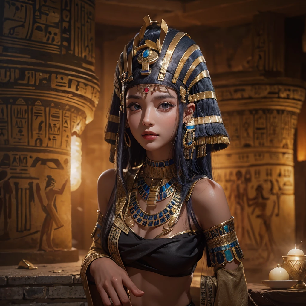 Standing in an ancient Egyptian cave、Blowing hair 、 ((Highest quality、masterpiece、8K、Best image quality、Ultra-high resolution、Award-winning works)、(Accurate anatomy:1.1)、(Look at me and smile:1.0)、Shining fair skin with Ultra-high resolution、The most detailed face、Ultra-high resolution detailed face、Ultra-high resolutionの髪の毛、(Ultra-high resolution eye:1.1)、Beautiful face drawn in every detail、Ancient Egyptian costumes, Chest to chest, Dark atmosphere,Dark Light, Ancient Egyptian makeup,