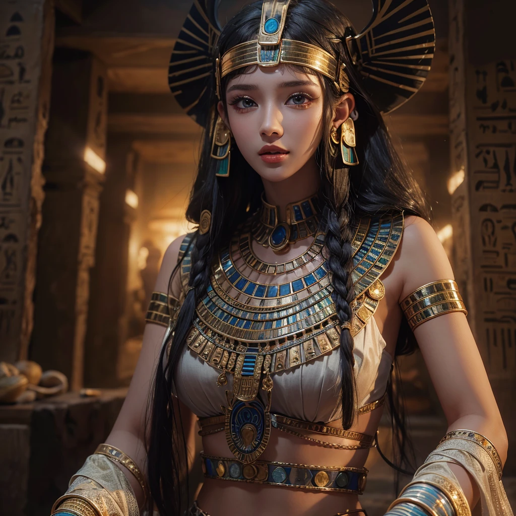 Standing in an ancient Egyptian cave、Blowing hair 、 ((Highest quality、masterpiece、8K、Best image quality、Ultra-high resolution、Award-winning works)、(Accurate anatomy:1.1)、(Look at me and smile:1.0)、Shining fair skin with Ultra-high resolution、The most detailed face、Ultra-high resolution detailed face、Ultra-high resolutionの髪の毛、(Ultra-high resolution eye:1.1)、Beautiful face drawn in every detail、Ancient Egyptian costumes, Chest to chest,  Dark atmosphere,Dark Light, Ancient Egyptian makeup, 