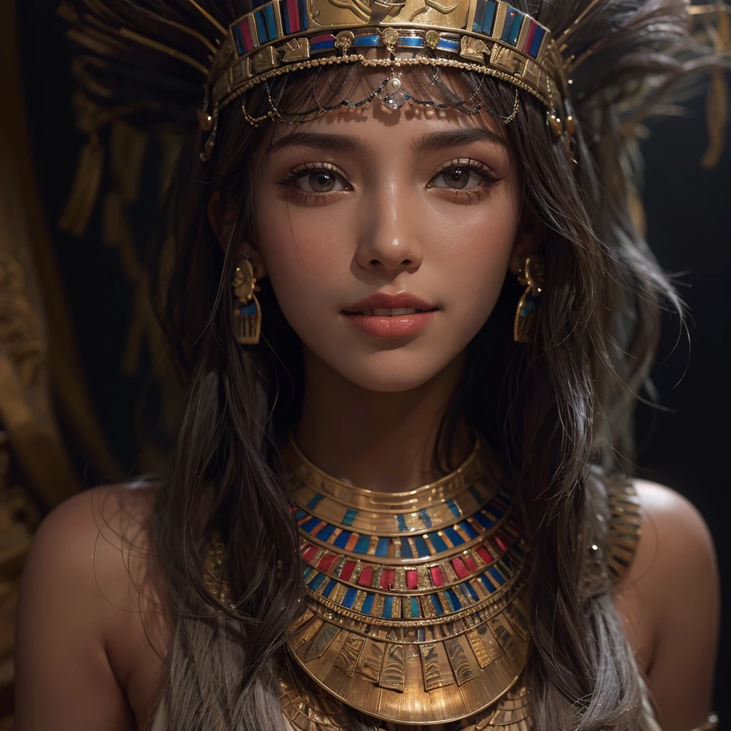Standing in an ancient Egyptian cave、Blowing hair 、 ((Highest quality、masterpiece、8K、Best image quality、Ultra-high resolution、Award-winning works)、(Accurate anatomy:1.1)、(Look at me and smile:1.0)、Shining fair skin with Ultra-high resolution、The most detailed face、Ultra-high resolution detailed face、Ultra-high resolutionの髪の毛、(Ultra-high resolution eye:1.1)、Beautiful face drawn in every detail、Ancient Egyptian costumes, Chest to chest, Dark atmosphere,Dark Light, Ancient Egyptian makeup,