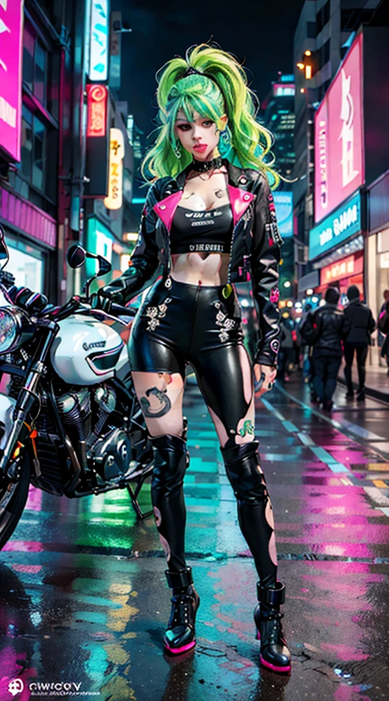 4k masterpiece, Best Quality, Confident cyberpunk girl, hair green, eyes green, Full body shot, ((Stand in front of the motorcycle)), Pop costumes inspired by Harajuku, Bold colors and patterns, Eye-catching accessories, Trendy and innovative hairstyles, Bright makeup, Cyberpunk dazzling cityscape, Skyscrapers, neon signs, led lights, Bright and vivid color scheme, Anime, Illustration, Detailed skin texture, Detailed Cloth Texture, beautifull detailed face, Intricate details, ultra-detailliert.