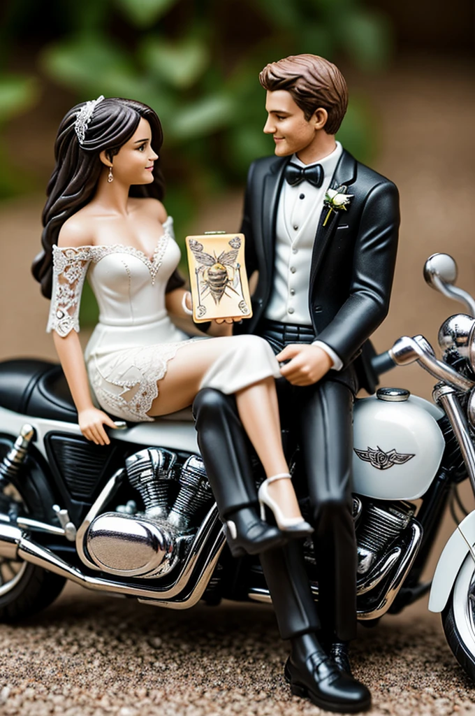 Two figurines, a bride and groom for a wedding cake topper. The groom is wearing a black suit with a t-shirt underneath, black pants matching the suit, with hazel eyes and short, styled hair. The bride is wearing a white wedding dress with off-shoulder lace sleeves. In the bride's right hand is a small pencil, and in her left hand, she is holding a notebook with a drawing of a small bee on the cover. Both figurines are positioned on top of a silver motorcycle, with the bride sitting sideways behind the groom, and the groom seated in the front, holding the motorcycle.