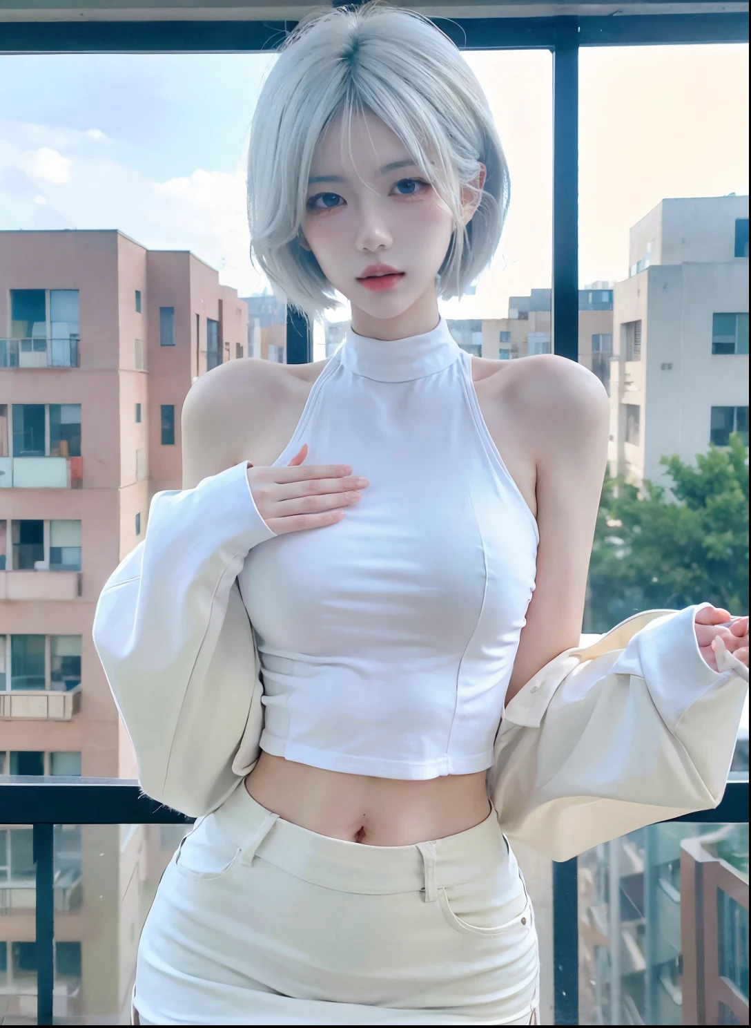 Beautiful woman with perfect figure:1.4，Ultra-high resolution，Seductive laughter，wear glasses，White背景，（lifelike：1.4），Layered Hairstyle，White皮肤，Super short pleated skirt，whole body，Very delicate face and skin texture，Double eyelids，Skin Whitening，Long hair，White hair，White，