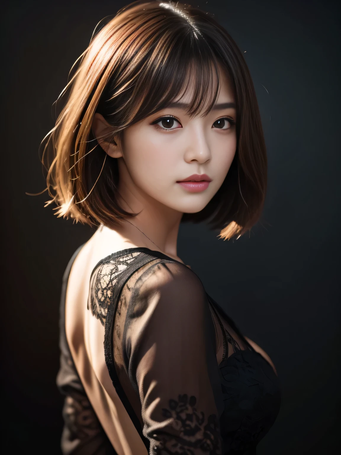 masterpiece, best quality, ultra-detailed, intricately detailed hyperdetailed, realistic, sharp features, highly detailed, sharp focus, 17 years old, Japanese Idol, perfect face, perfect symmetrically perfect eyes, perfect full lips, flexible female form, hyper detailed, hyper realistic, high resolution, vibrant, back lighting, ((Dark background)), plain dark background, fantasy art photos, Deep shadows, dark texture, Illuminate half of the face, short hair, straight Bangs, cleavage, brown Eyes, black blouse, cowboy shot,