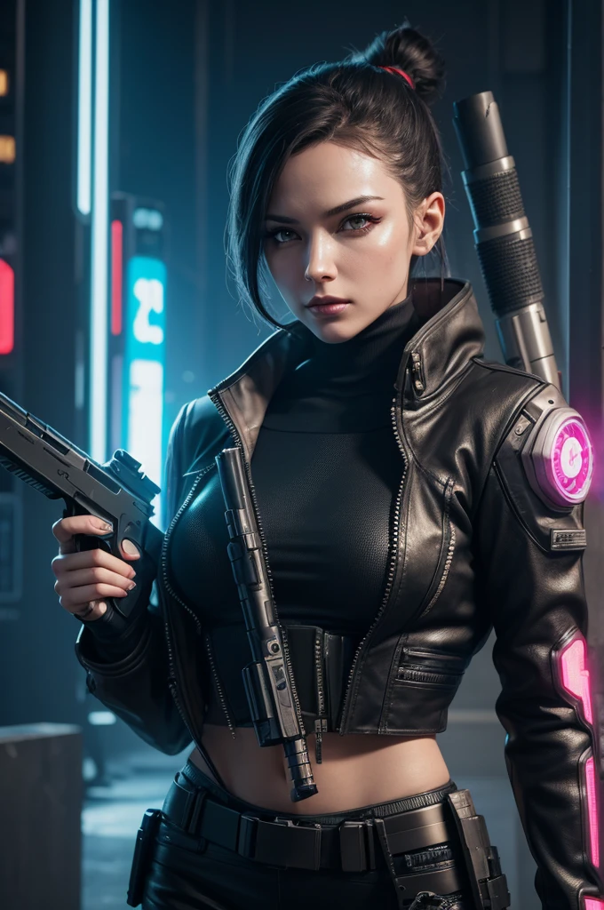 Cyberpunk woman with futuristic gun in hand realistic 4K