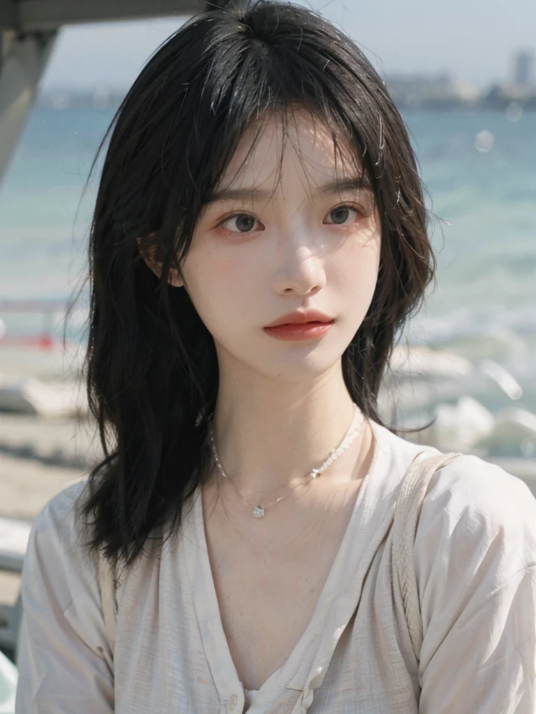 Film Portrait Photography, 1 Girl, Lipstick, (Big breasts:1.2), Wear a necklace, Cute expression, Exquisite makeup, Vest, serene, calm, (Realistic and detailed eyes, Natural skin texture, Realistic facial details), Soft dramatic lighting, Vivid details, Detailed and detailed, Surreal, 35 mm film, hazy, outdoor, Seaside background, seaside, Depth of Field, Bokeh