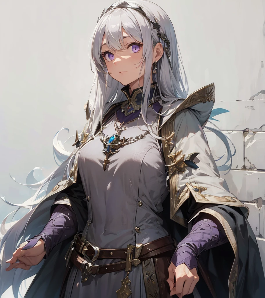 a silver hair woman in a medieval garb and standing in front of a wall with celing art, 1girl, long hair, solo, silver hair, dress, jewelry, necklace , purple eyes
