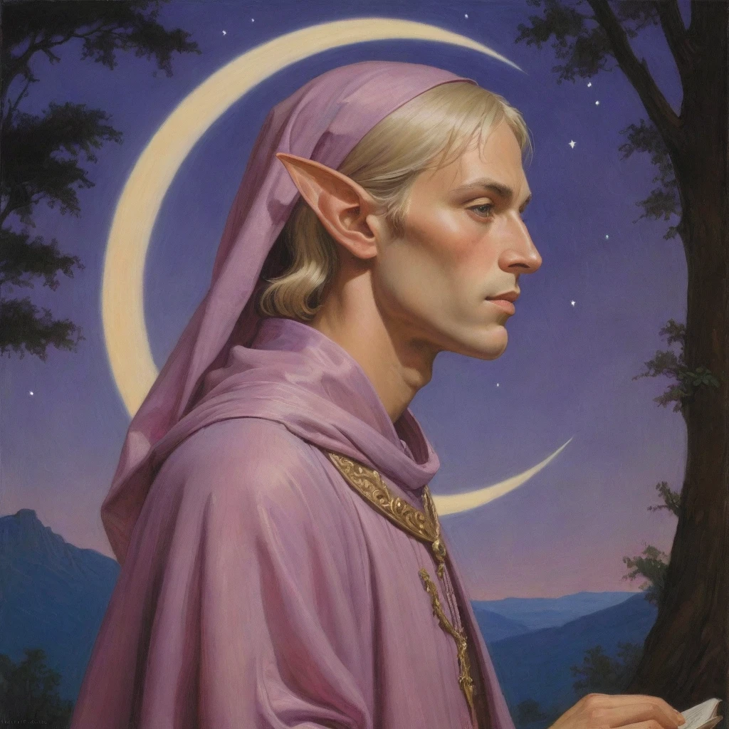 Masterpiece, (realistic), (propaganda poster), ((Moebius Jean Giraud)), ((((haughty upright profile portrait of a veiled male teenage wood elf, blonde, young, priest, sensual, imposing, dignified, proud, arrogant, wearing silk, purple and pink robes with detailed crescent moon, star elements, he is holding a lyre)))), ((Corinthian columns, jungle, dusk background, moths))