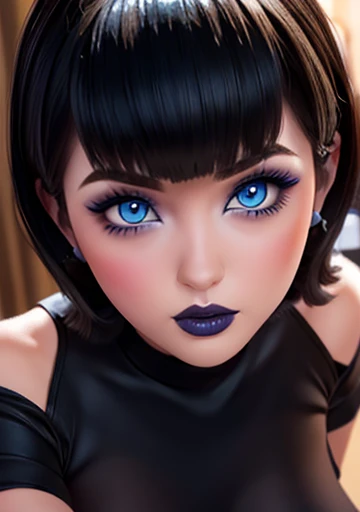mavis , perfect and elegant face with blue eyes , big and heavy tits exposed, makeup and eyeliner , NSFW