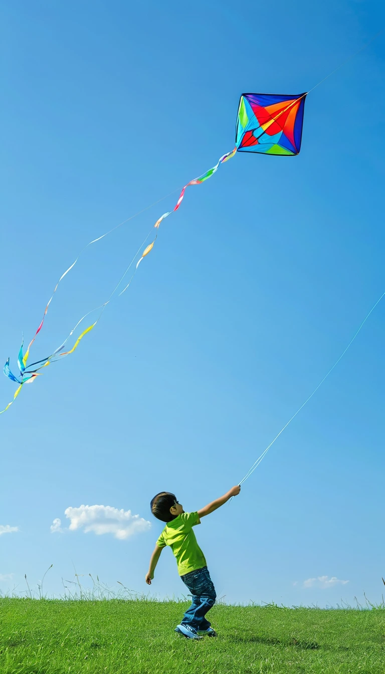 a boy,fly a kite,lawn,Blue sky,fighter