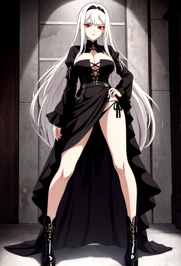Girl, 20 years old, with long white hair down to below her waist, a serious yet tender expression, and red eyes. Her hair features black streaks. She wears antique-style clothing, a long black dress with a slit on the legs, and high black boots that almost reach her knees. Her power and background are related to shadows and darkness. dark escense, figth stance