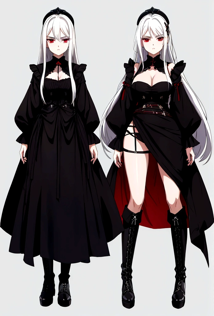 Girl, 20 years old, with long white hair down to below her waist, a serious yet tender expression, and red eyes. Her hair features black streaks. She wears antique-style clothing, a long black dress with a slit on the legs, and high black boots that almost reach her knees. Her power and background are related to shadows and darkness. dark escense, figth stance