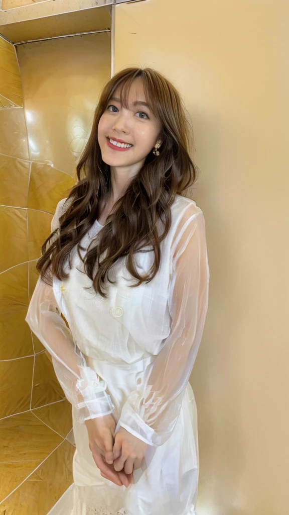 (8K,tmasterpiece,RAW photos,best qualtiy,the detail:1.2),Korean female model,Height 175 cm,perfect bodies,wavy and long hair,Wearing a white mermaid wedding dress, v-neck dress style, Lace material, long tail, full body, in white room with indoor decorative palm tree,Stand upright and look straight.,Ray tracing,Full body portrait