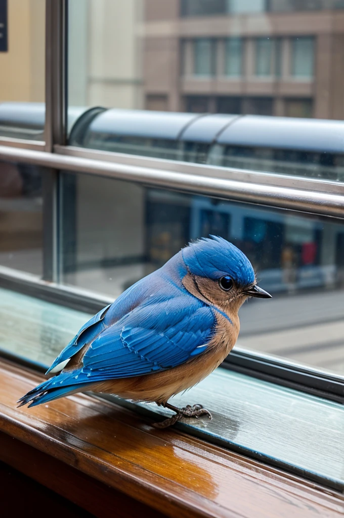 A little bluebird, tired from its long migration, landed on the windowsill of a bustling city cafe.