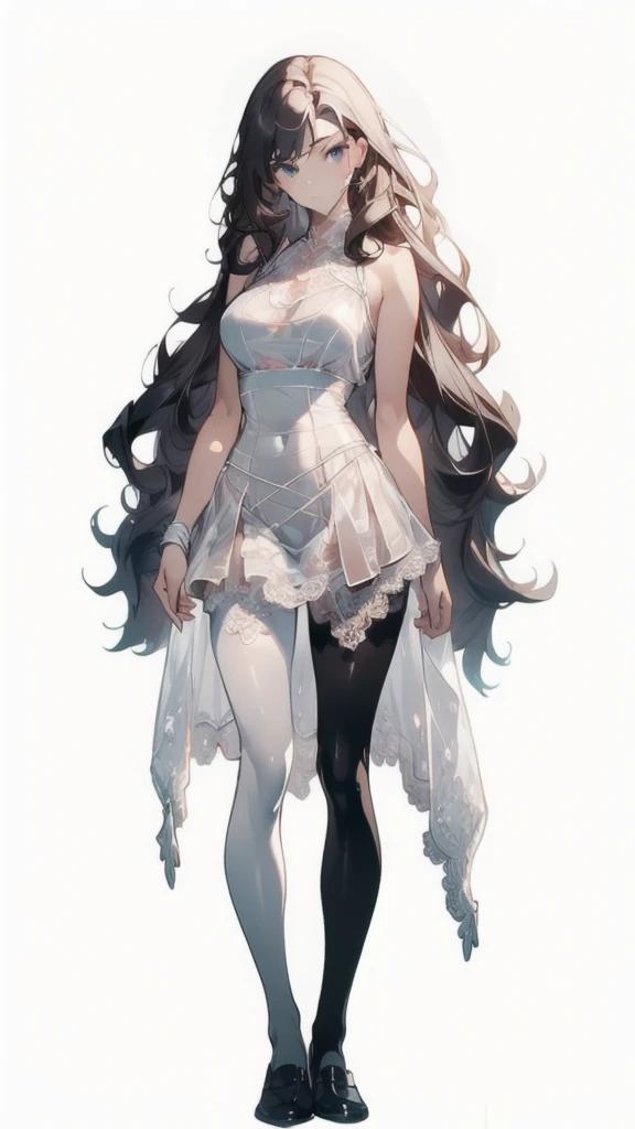 ((masterpiece, best quality)), Delicate face,Maid,whole body,Long legs,Large Breasts,Gradient long wavy hair,Perfect body proportions,beautiful eyes,Extremely beautiful,transparent, Pure white background,Erotic_lingerie,Nude,Lace,Garter stockings